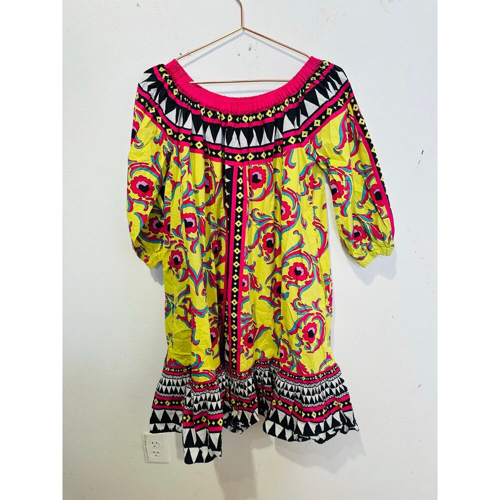 LA DOUBLEJ Yellow Paisley Mod Geo Print Three Quarter Sleeve Off Shoulder Dress - Picture 3 of 16